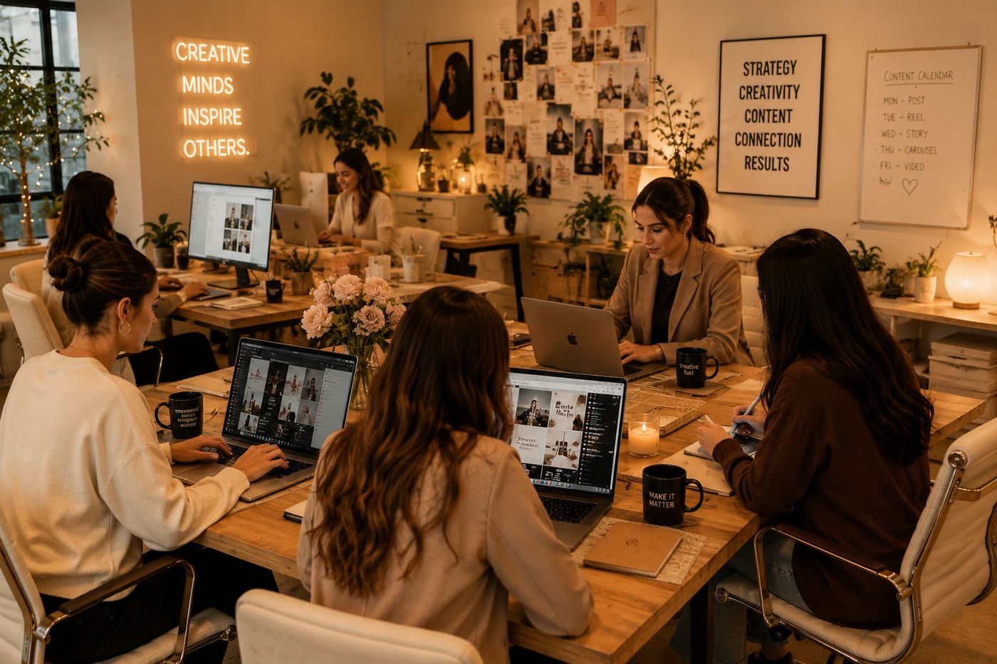 The Rosa AI Empire creative team collaborating in their open-plan studio